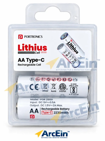 Portronics Lithius AA 1.5V 1480mAh USB-C rechargeable batteries pack of 2 POR 2509