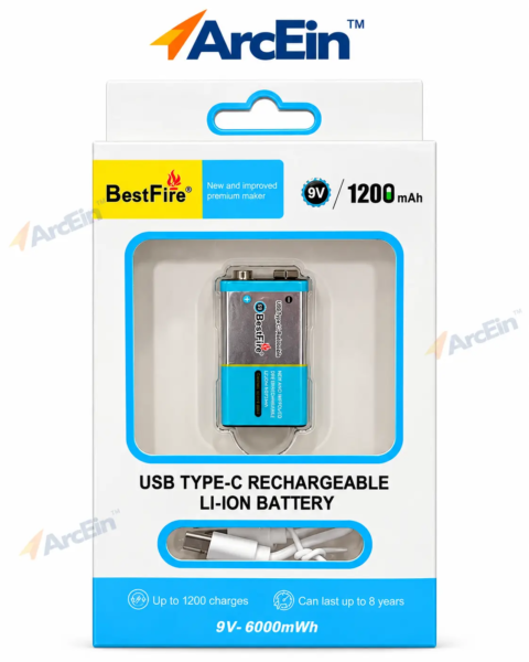 BestFire 9V 1200mAh USB Type-C rechargeable Li-ion battery 6000mWh