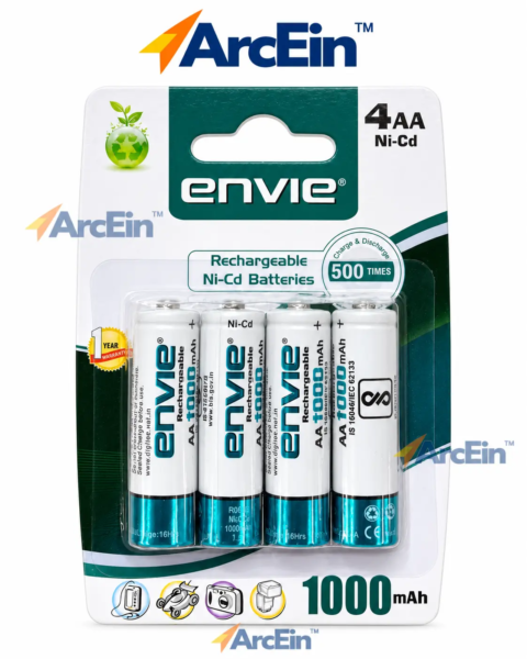 Envie AA 1.2V 1000mAh Ni-Cd rechargeable batteries pack of 4