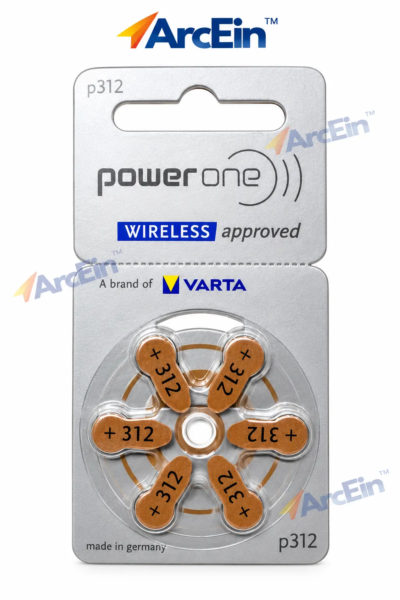 Power One P312 1.45V Size 312 zinc-air hearing aid batteries pack of 6 with brown tabs